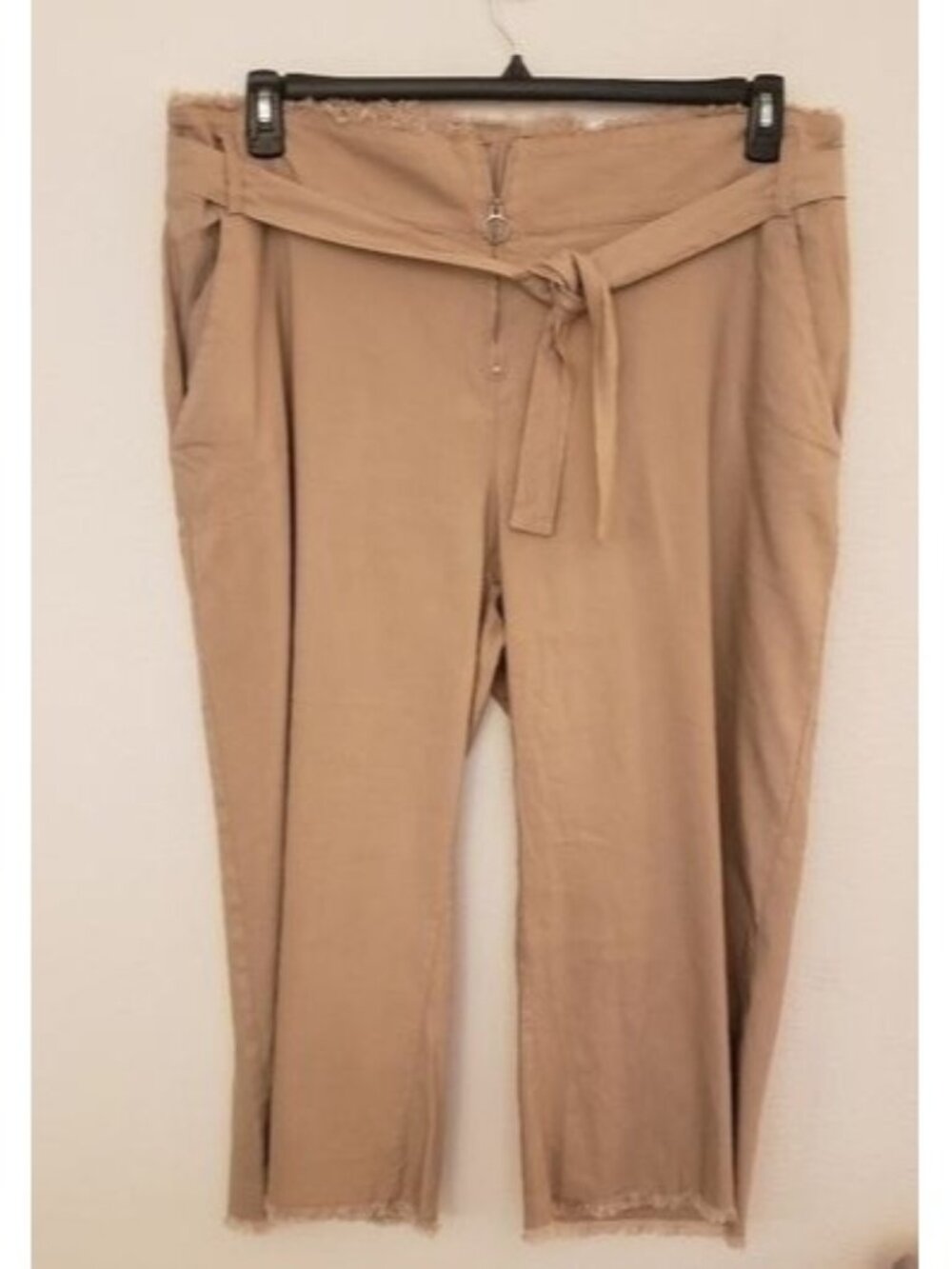 INC Linen Blend Wide Leg Tan Pants with Raw Hem Detachable Belt Sz 20W NWT
